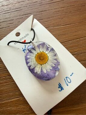Handmade Pressed Daisy Pendant Necklace - White, Purple, Yellow